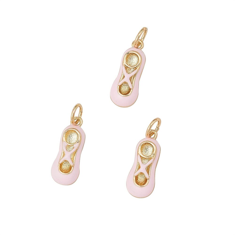 1279 10 Pcs Pink Ballet Shoe Mini Charms Golden Metal Enamel Brass Small